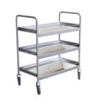 Desserte inox 304 L avec galeries de maintien, 3 plateaux, 835 x 435 mm, 300 kg
