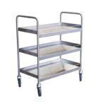 Desserte inox 304 L avec galeries de maintien, 3 plateaux, 835 x 435 mm, 300 kg