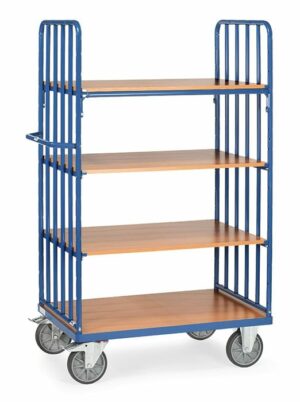 Chariot haut 4 plateaux, 2 ridelles à barres
